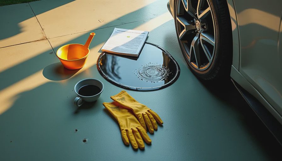 Visual context for oil puddle under car after oil change